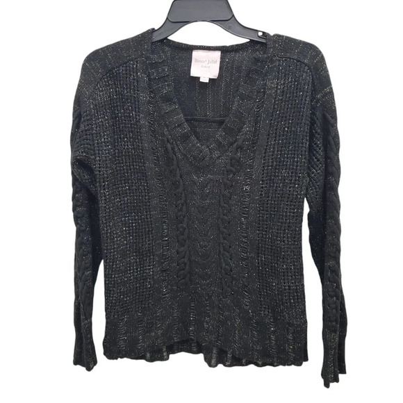 Romeo + Juliet Couture Black Silver‎ Metallic Thread Wool Knit V-Neck Sweater M - Picture 1 of 7